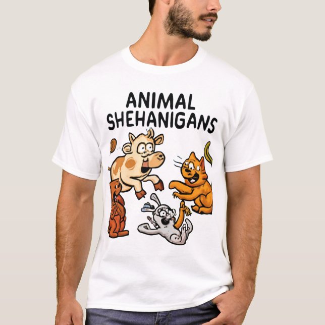 Funny Cartoon Animal Chaos Scene T-Shirt (Front)