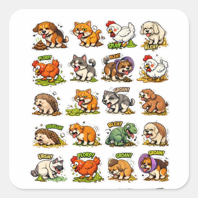 Funny Cartoon Animals Pooping Square Sticker (Front)