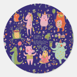 Funny Cartoon Animals Sing Happy Birthday   Classic Round Sticker