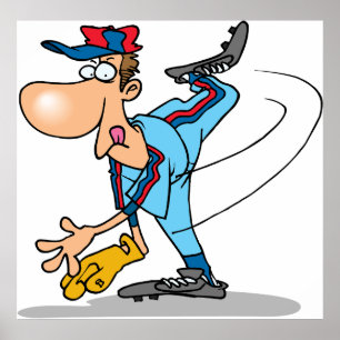 Funny Cartoon Baseball Pitcher Throwing a Fastball Poster