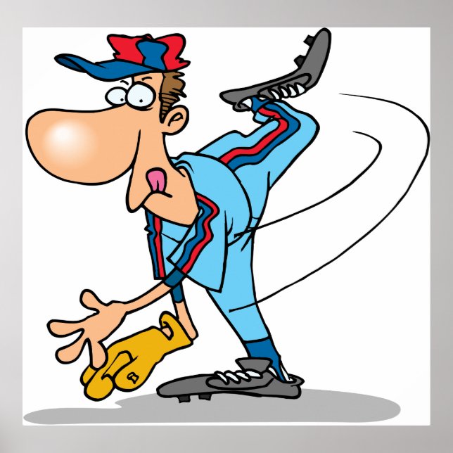 Funny Cartoon Baseball Pitcher Throwing a Fastball Poster (Front)