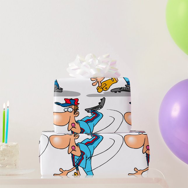 Funny Cartoon Baseball Pitcher Throwing a Fastball Wrapping Paper (Creator Uploaded)