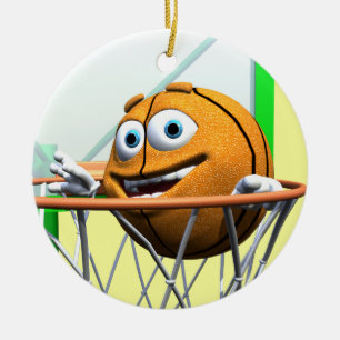 Funny Cartoon Basketball in a Hoop Ceramic Tree Decoration