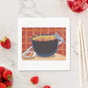 Funny Cartoon BBQ Grill with Tongs and Skewers  Napkin