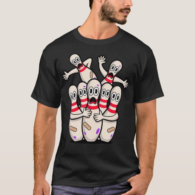 Funny Cartoon Bowling Pins Scared Faces Funny T-Shirt (Front)