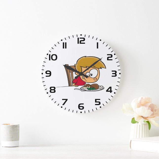 Funny Cartoon Boy Excited for Dinner  Large Clock (Creator Uploaded)