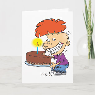 Funny Cartoon Boy with Chocolate Birthday Cake Card