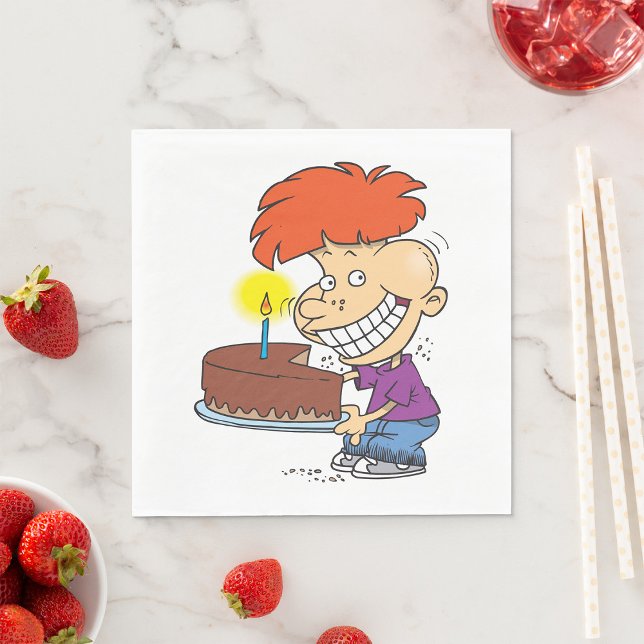 Funny Cartoon Boy with Chocolate Birthday Cake Napkin (Creator Uploaded)