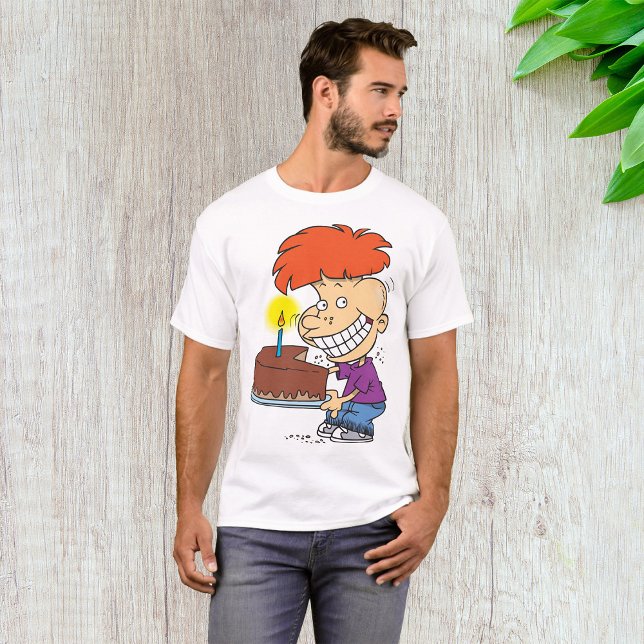 Funny Cartoon Boy with Chocolate Birthday Cake T-Shirt (Creator Uploaded)