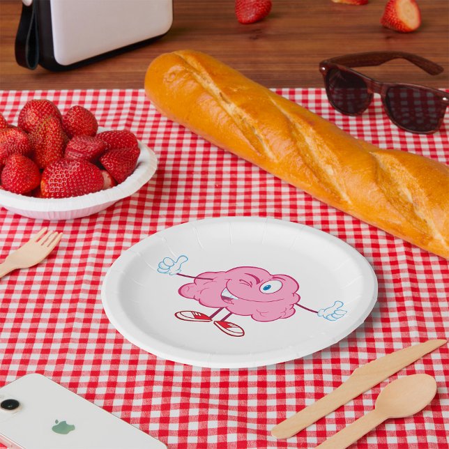 Funny Cartoon Brain Winking Character Thumbs Up Paper Plate (Creator Uploaded)
