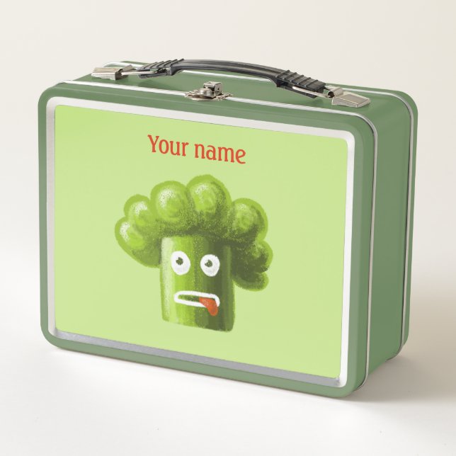 Funny Cartoon Broccoli Vegan Vegetarian Metal Lunch Box (Front)