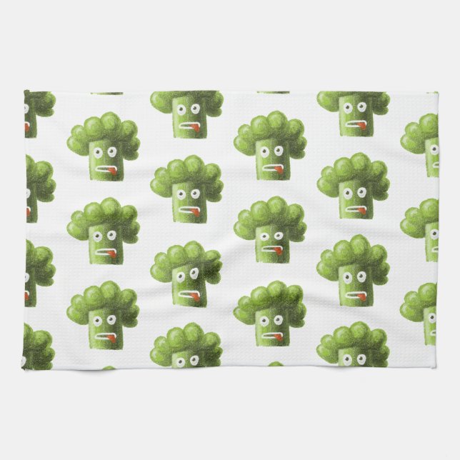Funny Cartoon Broccoli Vegetarian Pattern Tea Towel (Horizontal)