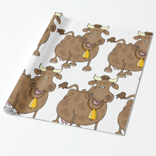 Funny Cartoon Brown Cow with Bell Farm Animal Wrapping Paper