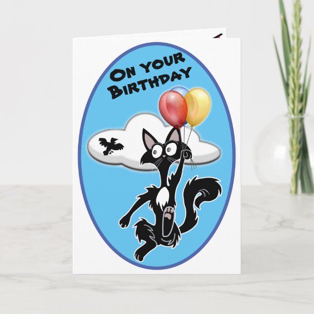 Funny cartoon cat flying in a blue sky Birthday Card (Front)