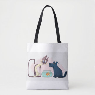 Funny Cartoon Cat, Goldfish, Dog  Tote Bag