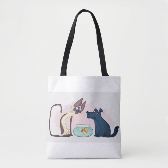 Funny Cartoon Cat, Goldfish, Dog  Tote Bag (Front)