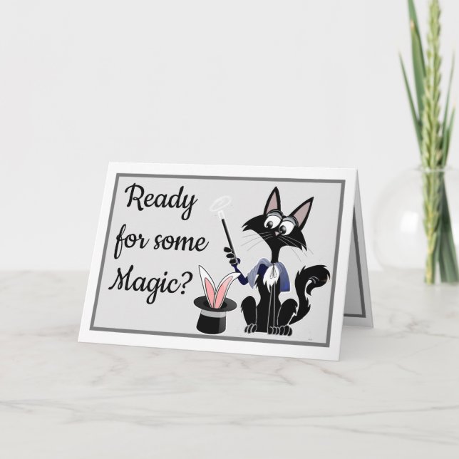 Funny cartoon cat  magic trick rabbit birthday invitation (Front)