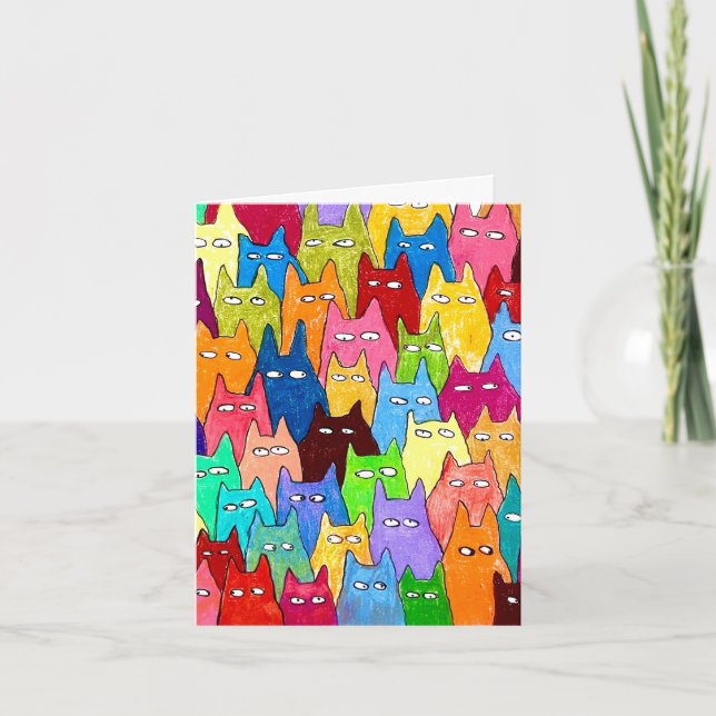 Funny Cartoon Cats Color Pencil Drawing Folded Note Card (Front)