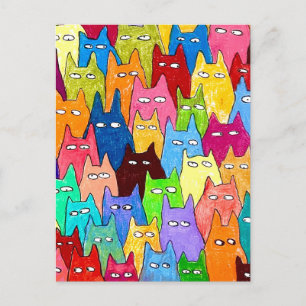 Funny Cartoon Cats Color Pencil Drawing Postcard