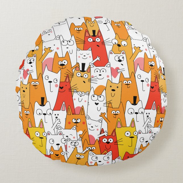Funny Cartoon Cats Group Doodle Round Cushion (Front)