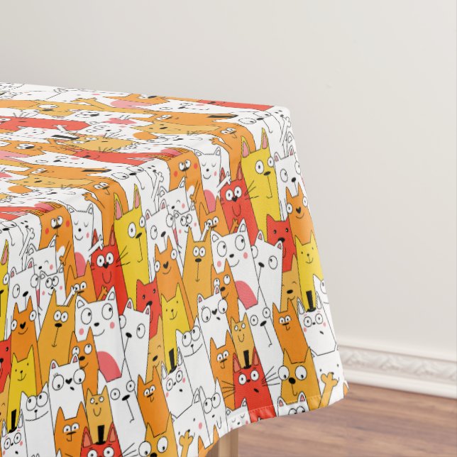 Funny Cartoon Cats Group Doodle Tablecloth (In Situ)