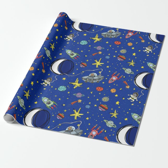 Funny Cartoon Cats In Space All-Occasion Wrapping Paper (Unrolled)