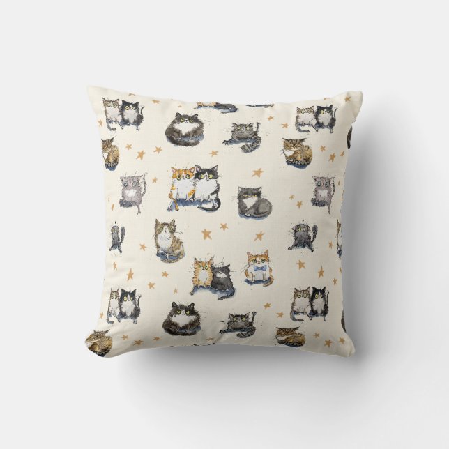 Funny cartoon Cats & stars on cream, cat patterned Cushion (Front)