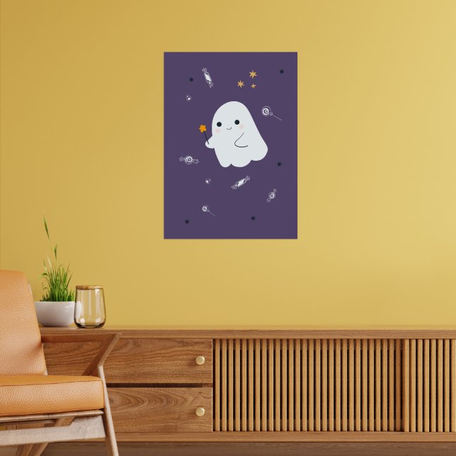 Funny cartoon cats with brooms, pumpkins and ghost poster (Living Room 2)