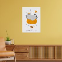 Funny cartoon cats with brooms, pumpkins and ghost