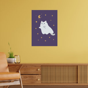 Funny cartoon cats with brooms, pumpkins and ghost poster