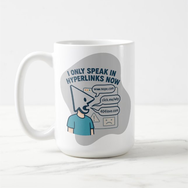 Funny cartoon character with mouse cursor head  coffee mug (Left)