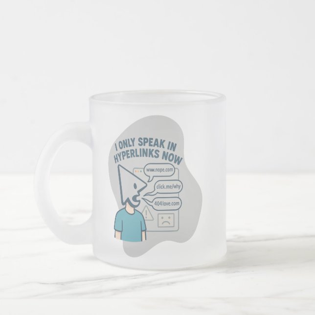 Funny cartoon character with mouse cursor head  frosted glass coffee mug (Left)