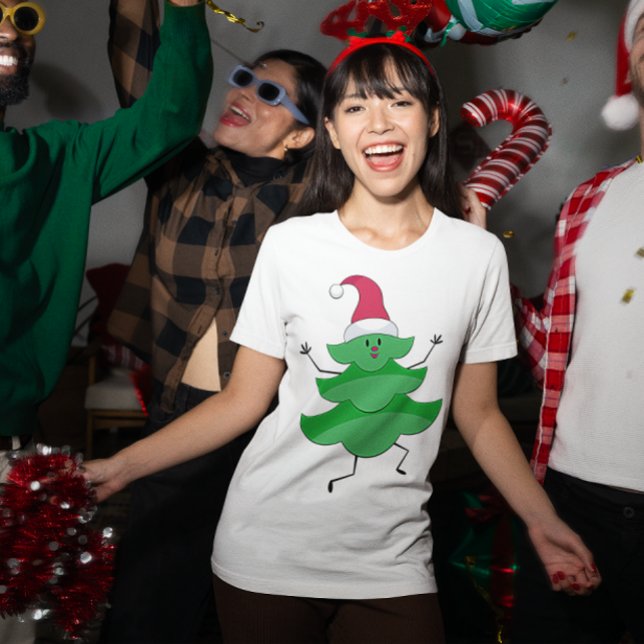 Funny Cartoon Christmas Tree, Santa Hat and Face T-Shirt (Funny Cartoon Christmas Tree, Santa Hat and Face T-Shirt)