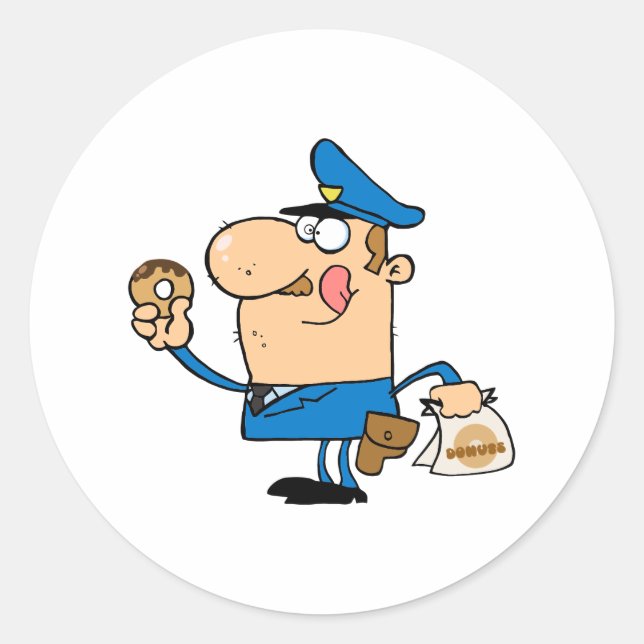 funny cartoon cop eating doughnuts classic round sticker (Front)