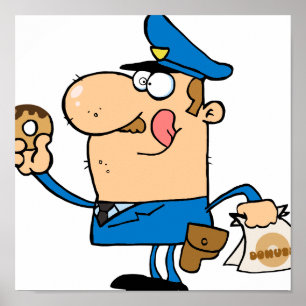 funny cartoon cop eating doughnuts poster