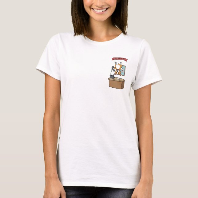 Funny Cartoon Corgi Receptionist Hanging Upside T-Shirt (Front)