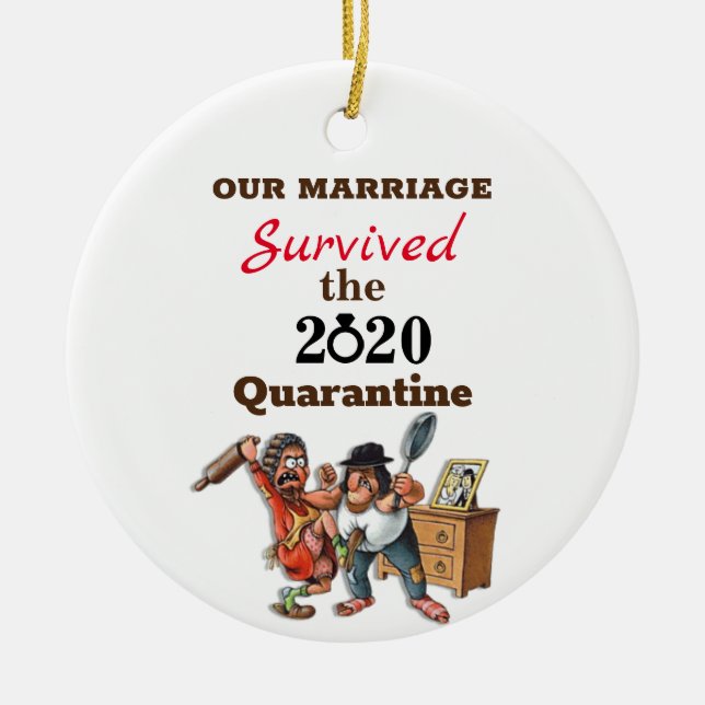 Funny Cartoon Couple Marriage 2020 Quarantine Ceramic Tree Decoration (Front)