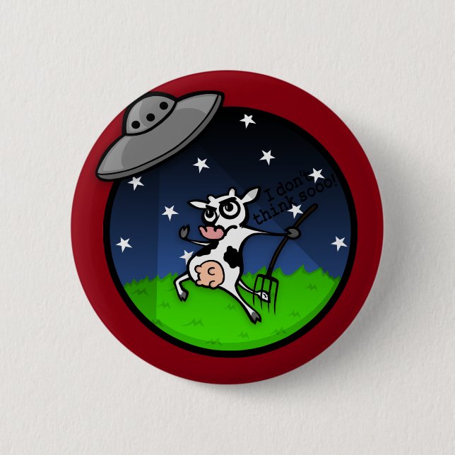 FUNNY CARTOON COW ALIEN UFO ABDUCTION BUTTON (Front)