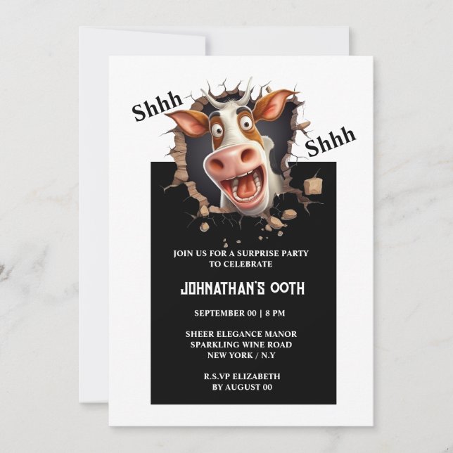 Funny cartoon cow face surprise any age party invitation (Front)