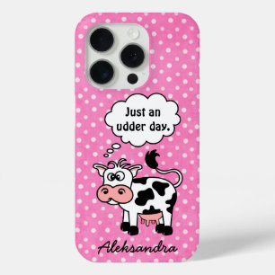 Funny Cartoon Cow Pink Polka Dot Personalised iPhone 15 Pro Case