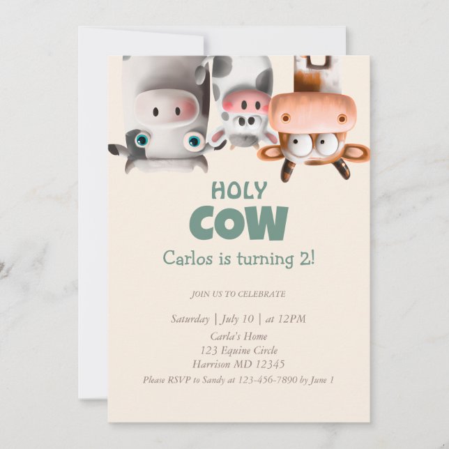 Funny Cartoon Cow Second Birthday Invitation (Front)