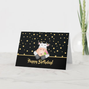 Funny Cartoon Cow With Flower Cute Happy Birthday Card