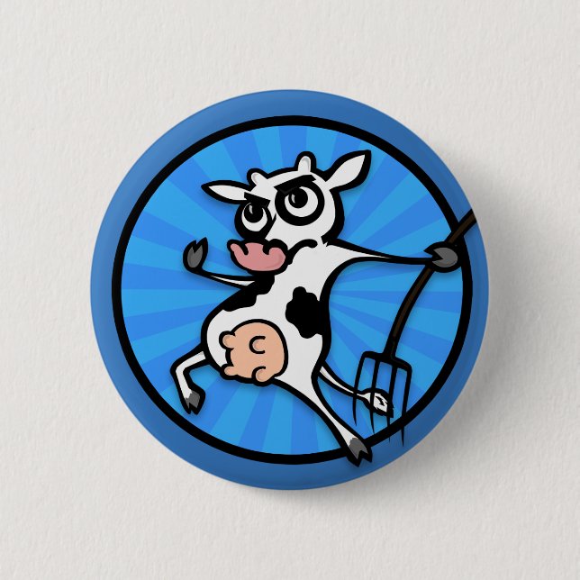 FUNNY CARTOON COW WITH PITCH FORK BUTTON (Front)