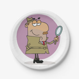 Funny Cartoon Detective with Magnifying Glass Paper Plate