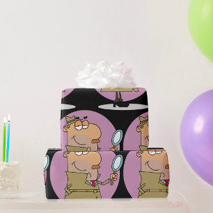 Funny Cartoon Detective with Magnifying Glass Wrapping Paper