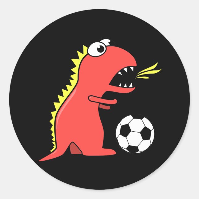 Funny Cartoon Dinosaur Playing Soccer Black Classic Round Sticker (Front)