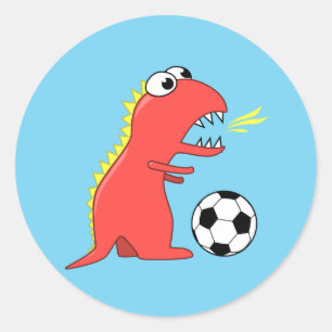 Funny Cartoon Dinosaur Playing Soccer Classic Round Sticker