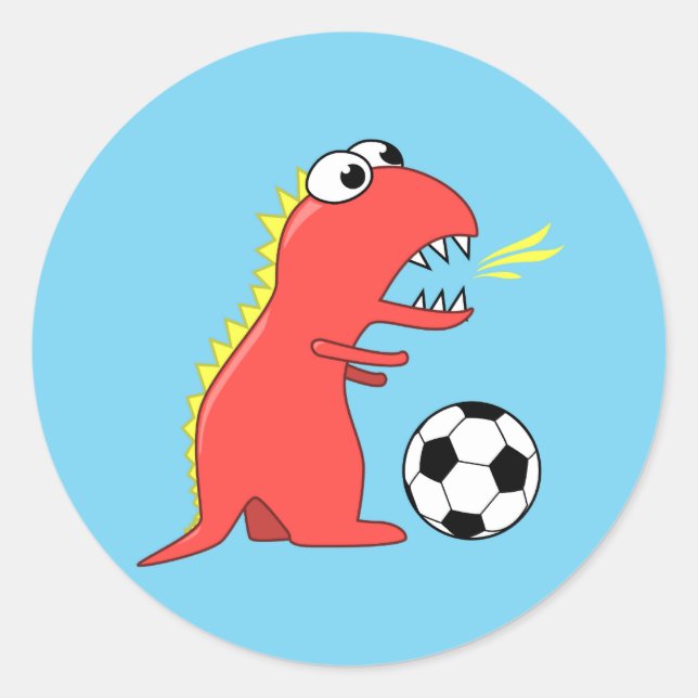Funny Cartoon Dinosaur Playing Soccer Classic Round Sticker (Front)