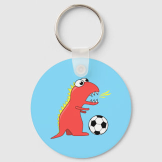 Funny Cartoon Dinosaur Playing Soccer Key Ring
