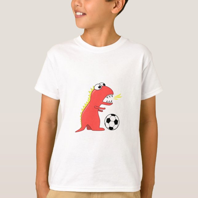 Funny Cartoon Dinosaur Playing Soccer Kids T-Shirt (Front)